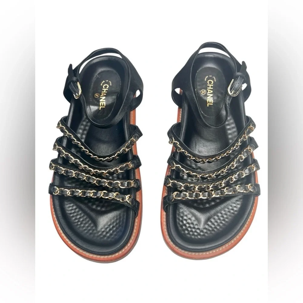 Chanel Satin Lambskin Chain Flat Sandals Black Leather Size 36